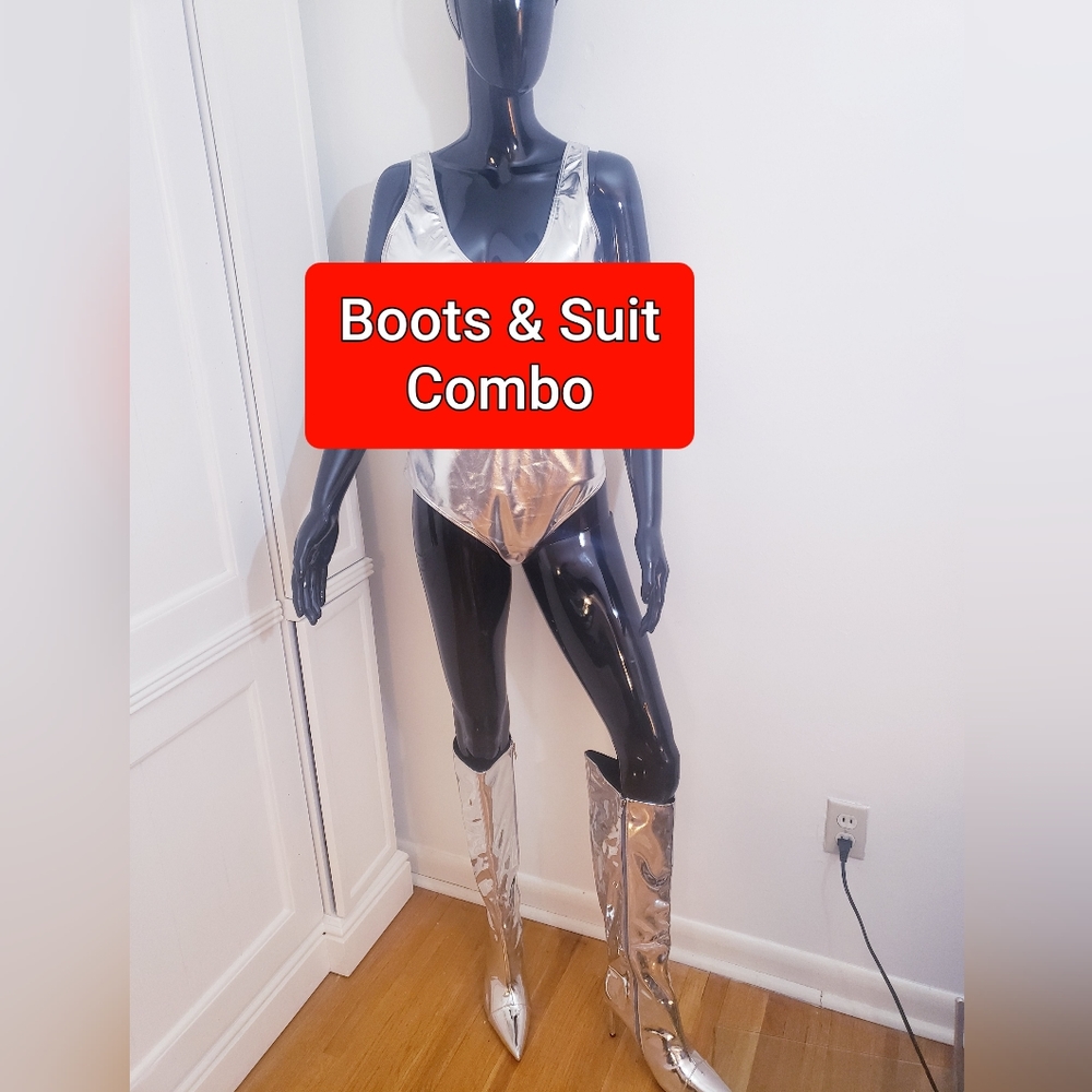 Silver Boots 10 fits Like a 10W and One Piece Silver Swimsuit XL COMBO